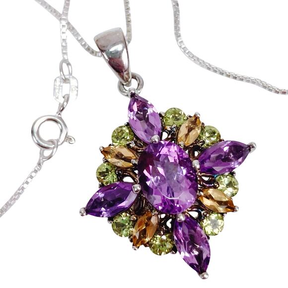 Sterling Silver Amethyst Peridot Citrine Floral Star Cluster Pendant Necklace - Picture 1 of 17